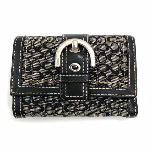 Coach Wallet Trifold Signature Black Gray Monogram Logo Canvas Leather - Picture 1 of 13